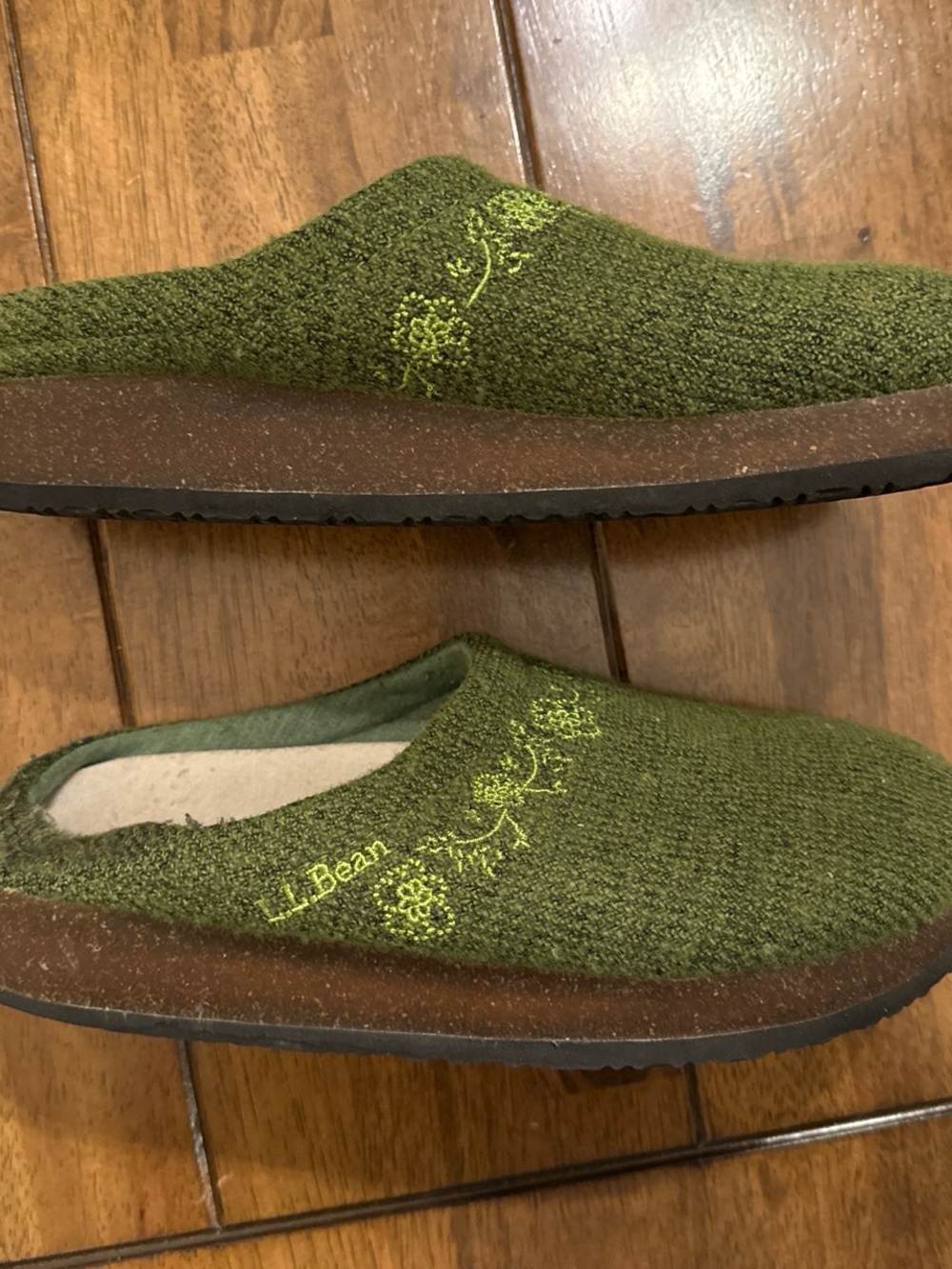 L.L. Bean Olive Green Wool Slip-On Clog Slippers with Embroidered Detail